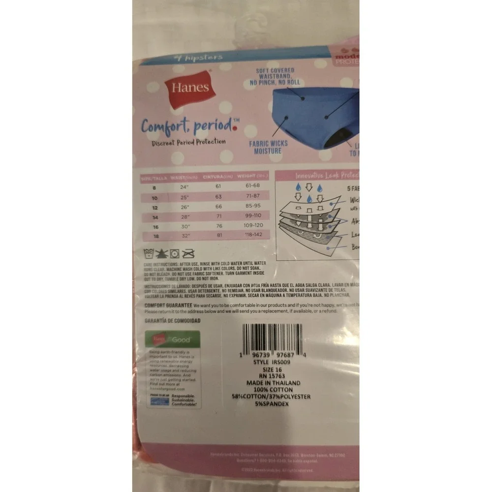 Hanes Girls' 4pk Hipster Period Underwear - Multicolor- Size‎ 16